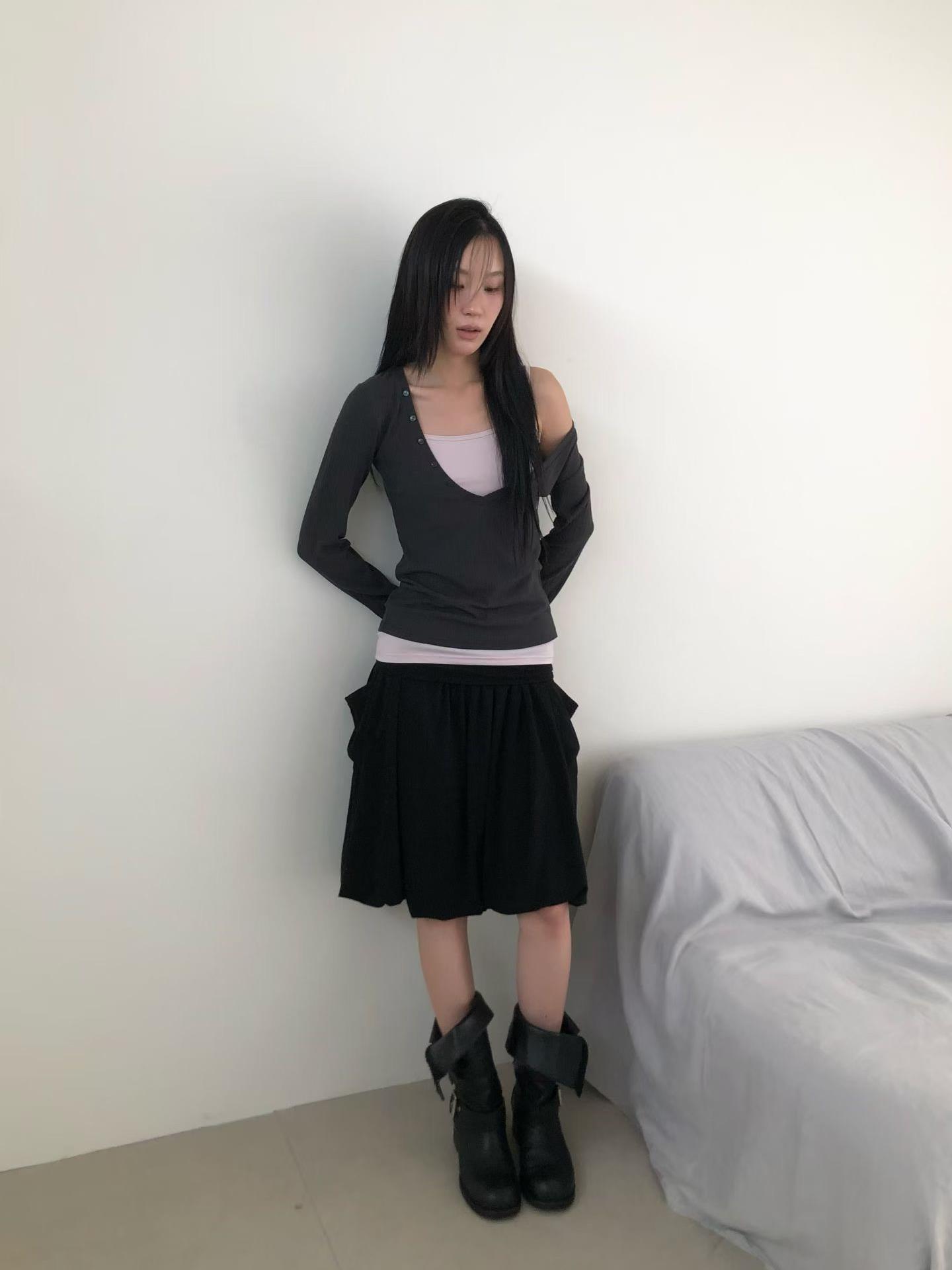 細肩背心+鈕扣坑條棉上衣兩件組
